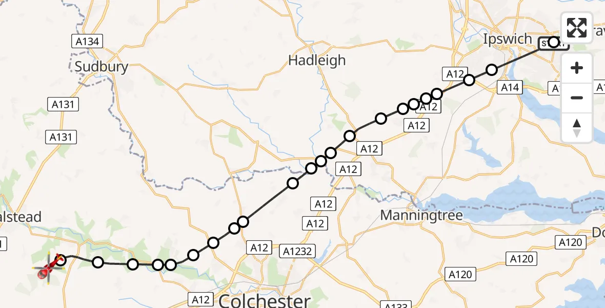 Flight route Air Ambulance Helicopter Ipswich Hospital - Earls Colne Airfield, 02 June 2026, 11:49