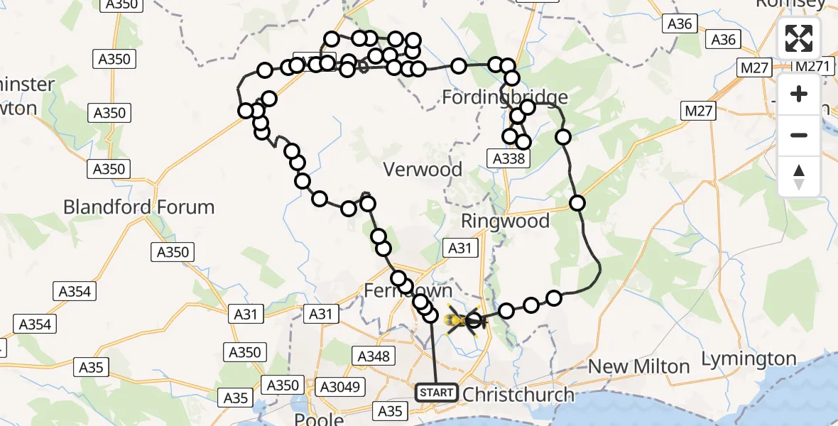 Flight route Police Helicopter Bournemouth - Bournemouth Airport, 02 June 2026, 11:49