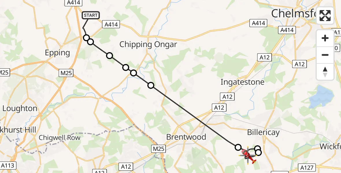 Flight route Air Ambulance Helicopter North Weald Airfield - Basildon, 02 June 2026, 11:50