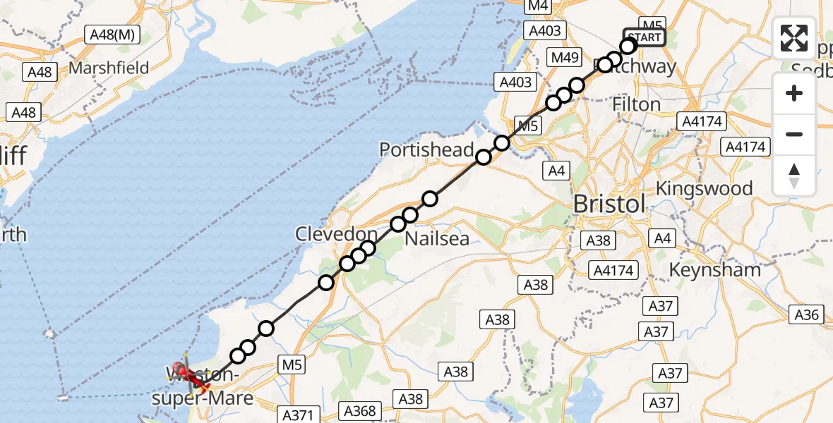 Flight route Air Ambulance Helicopter Almondsbury Helicopter Base - Weston-super-Mare, 02 June 2026, 11:53