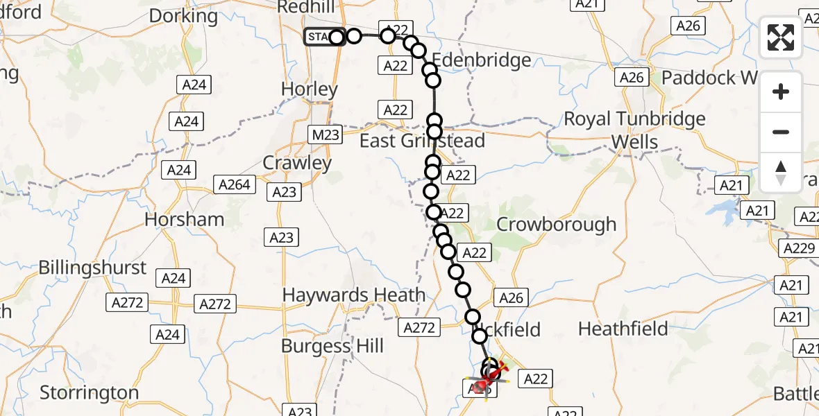 Flight route Air Ambulance Helicopter Redhill Aerodrome - Isfield, 02 June 2026, 12:06