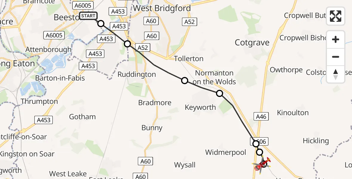 Flight route Air Ambulance Helicopter Beeston - Nottingham Heliport, 02 June 2026, 12:20