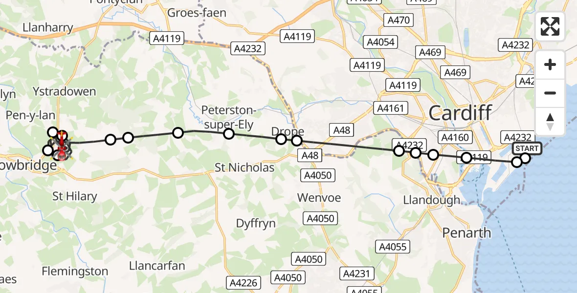 Flight route Air Ambulance Helicopter Cardiff Heliport - Aberthin, 02 June 2026, 12:24