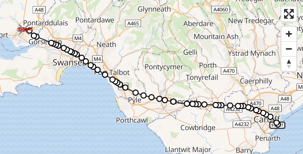 Flight route Air Ambulance Helicopter Cardiff Heliport - Dafen, 02 June 2026, 12:34