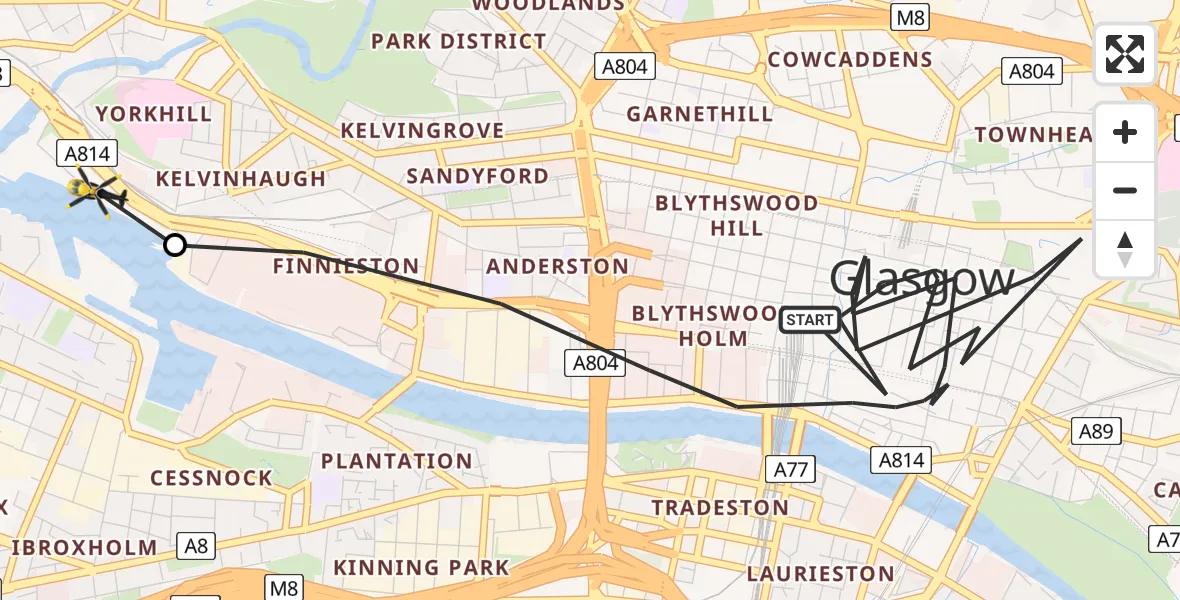 Flight route Police Helicopter Glasgow - Glasgow City Heliport, 02 June 2026, 12:36