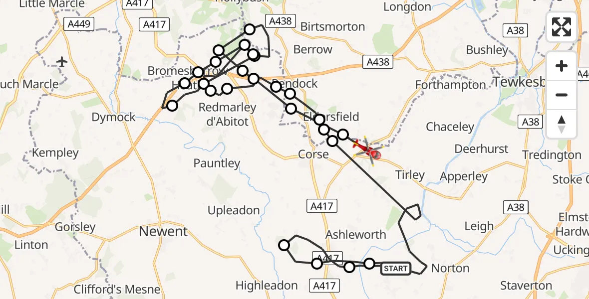 Flight route Air Ambulance Helicopter Tewkesbury - Forest of Dean, 02 June 2026, 12:41