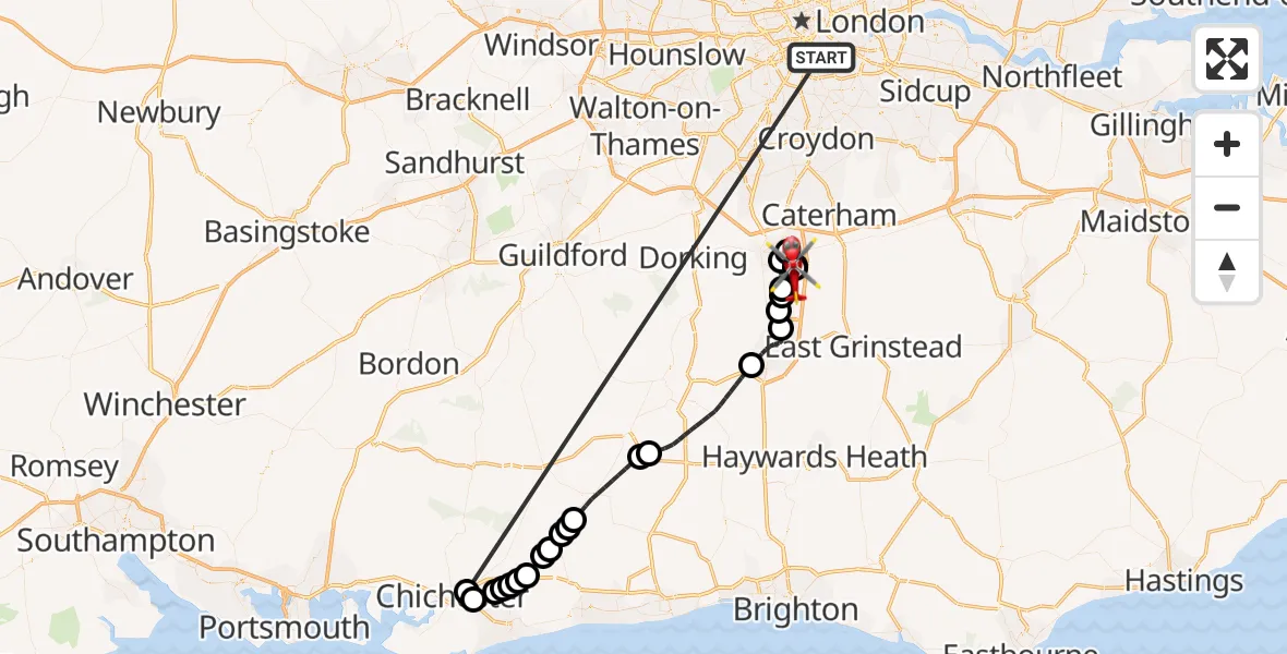 Flight route Air Ambulance Helicopter Kings College London Hospital - Redhill Aerodrome, 02 June 2026, 12:41