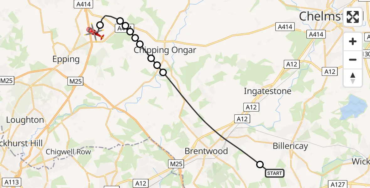 Flight route Air Ambulance Helicopter Basildon - North Weald Airfield, 02 June 2026, 12:49