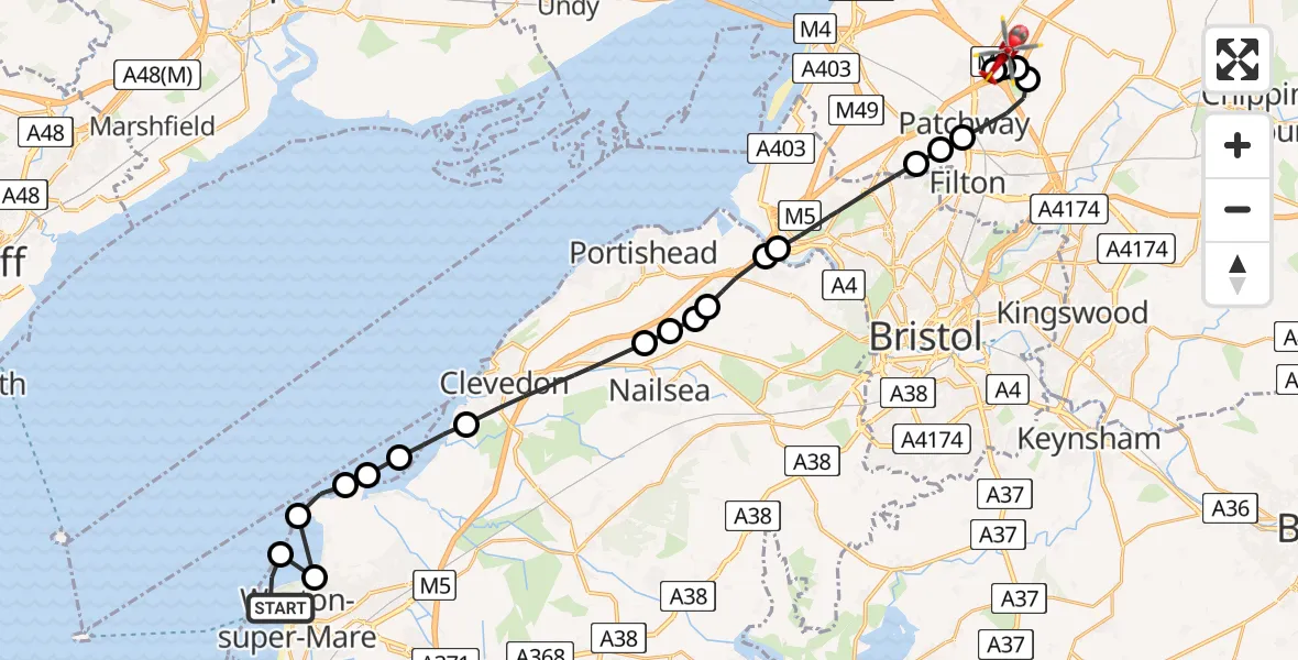 Flight route Air Ambulance Helicopter Weston-super-Mare - Hortham, 02 June 2026, 12:59