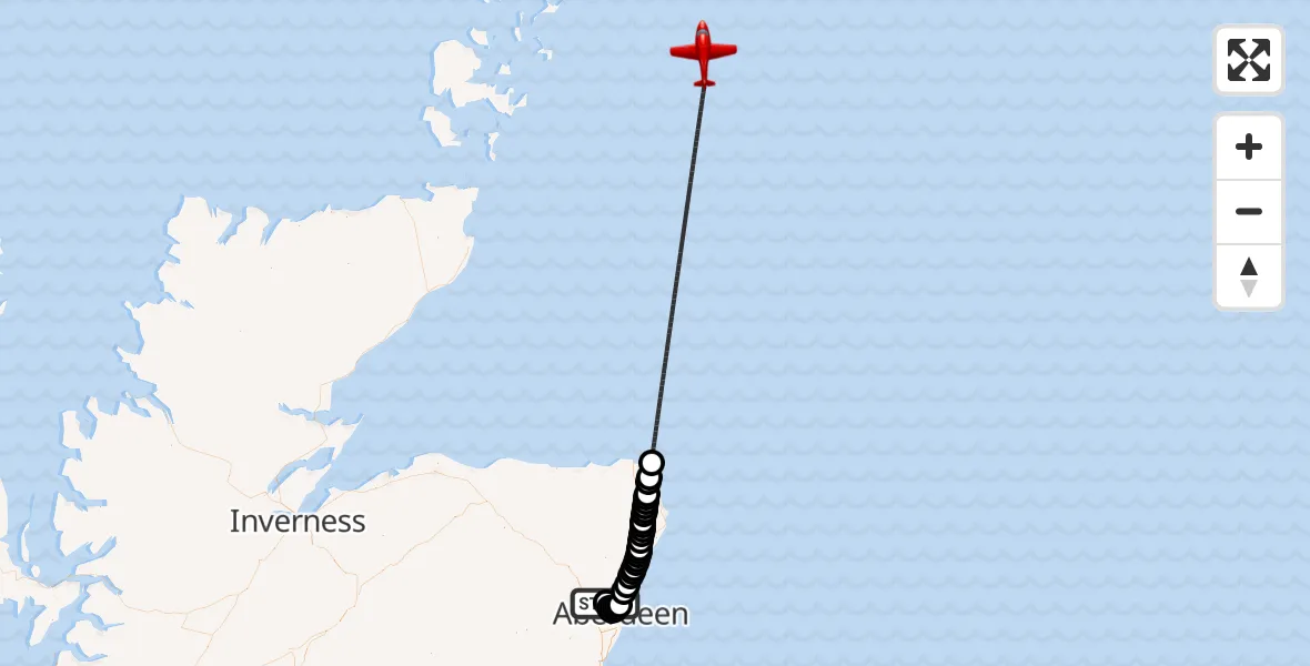 Flight route Air Ambulance Aircraft Aberdeen International Airport - North Sea, 02 June 2026, 13:10