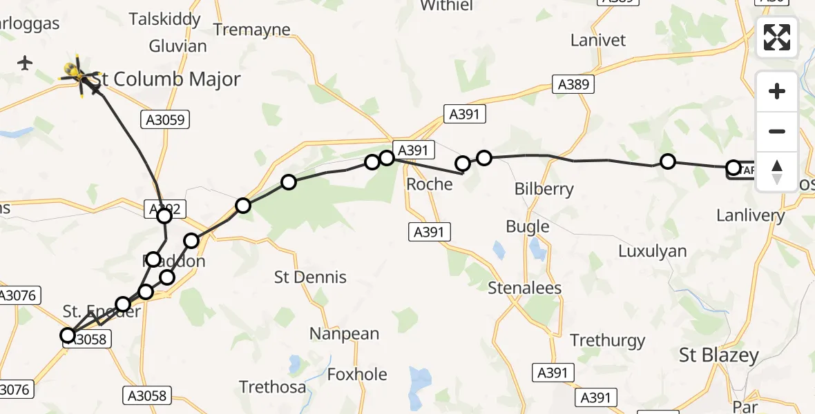 Flight route Police Helicopter Lostwithiel - St. Columb Major, 02 June 2026, 13:34