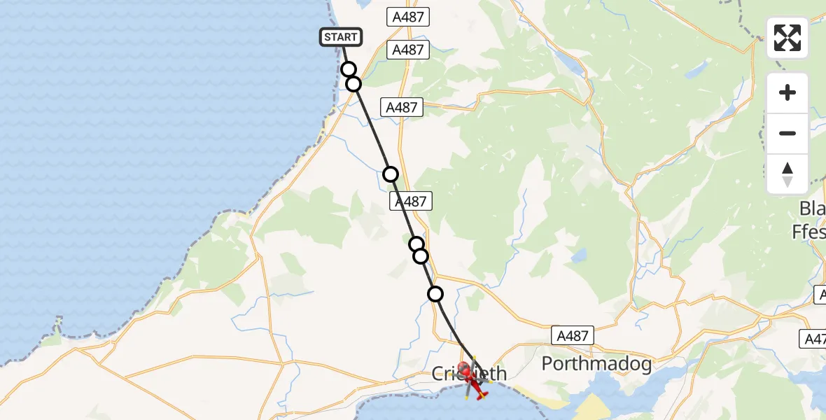 Flight route Air Ambulance Helicopter Dinas Dinlle - Criccieth, 02 June 2026, 13:34