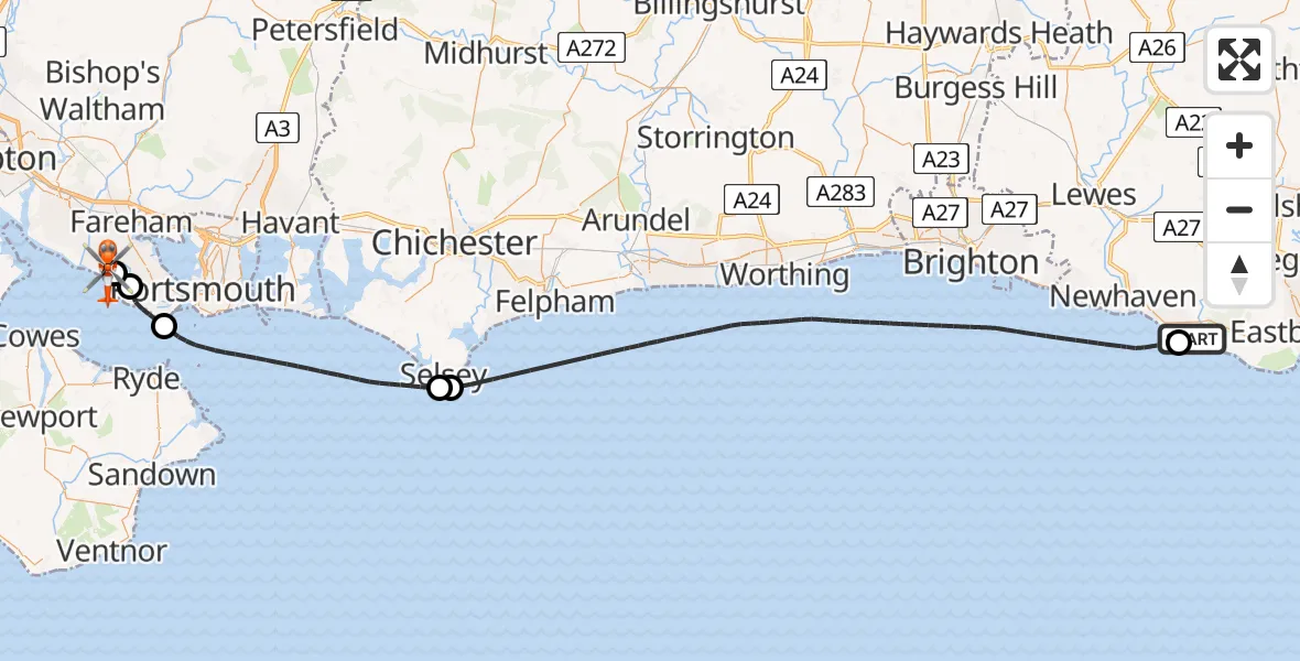 Flight route Coastguard Helicopter Seaford - Solent Airport, 02 June 2026, 13:34