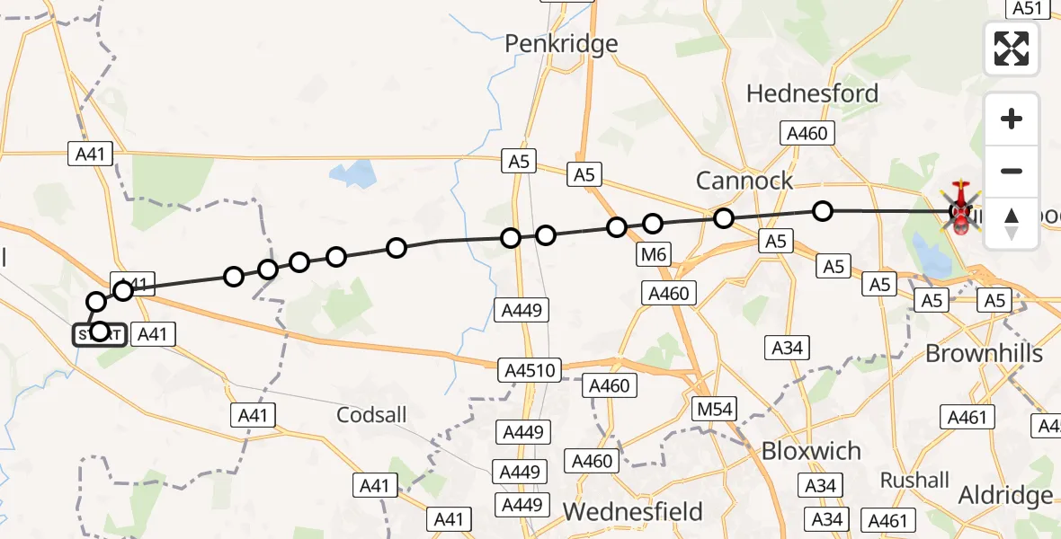 Flight route Air Ambulance Helicopter RAF Cosford - Burntwood, 02 June 2026, 13:44