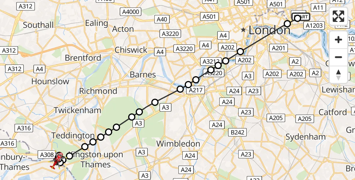 Flight route Air Ambulance Helicopter Royal London Hospital - Molesey, 02 June 2026, 13:46