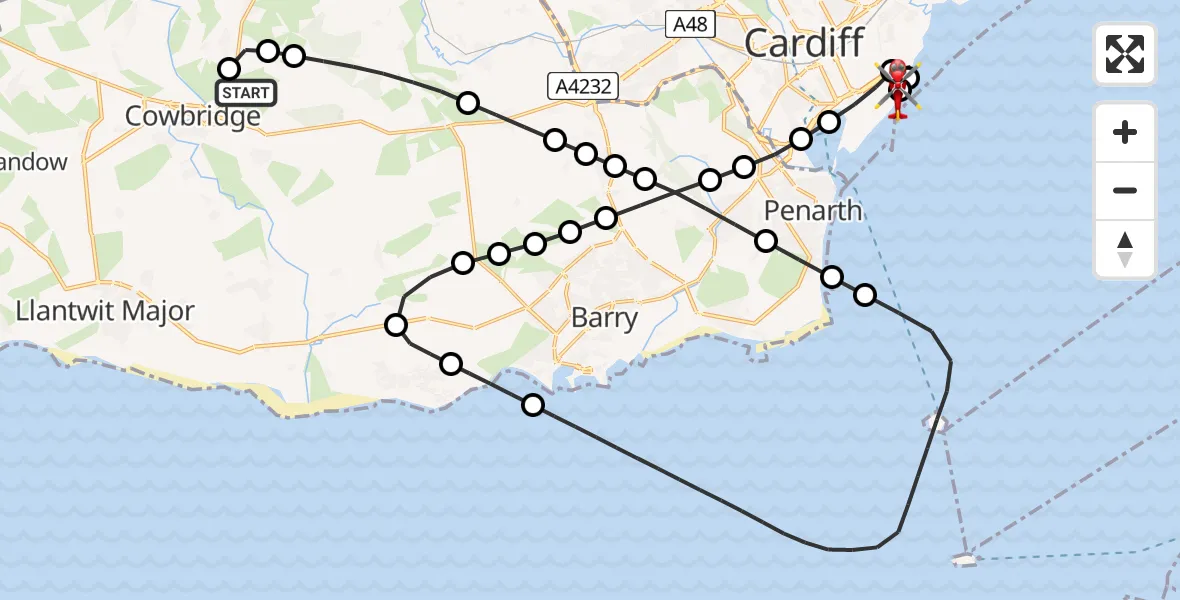 Flight route Air Ambulance Helicopter Aberthin - Cardiff Heliport, 02 June 2026, 14:02