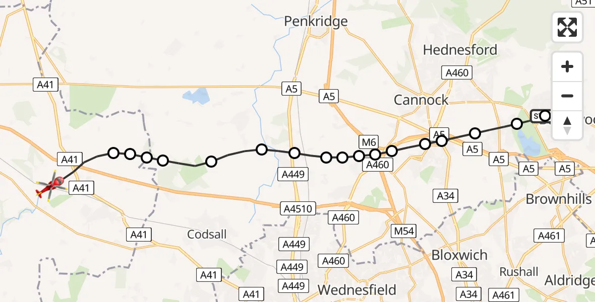 Flight route Air Ambulance Helicopter Burntwood - Tong, 02 June 2026, 14:17