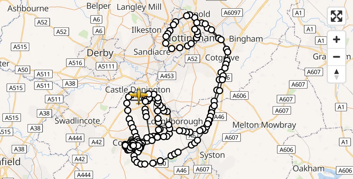 Flight route Police Aircraft East Midlands Airport - East Midlands Airport, 02 June 2026, 14:55