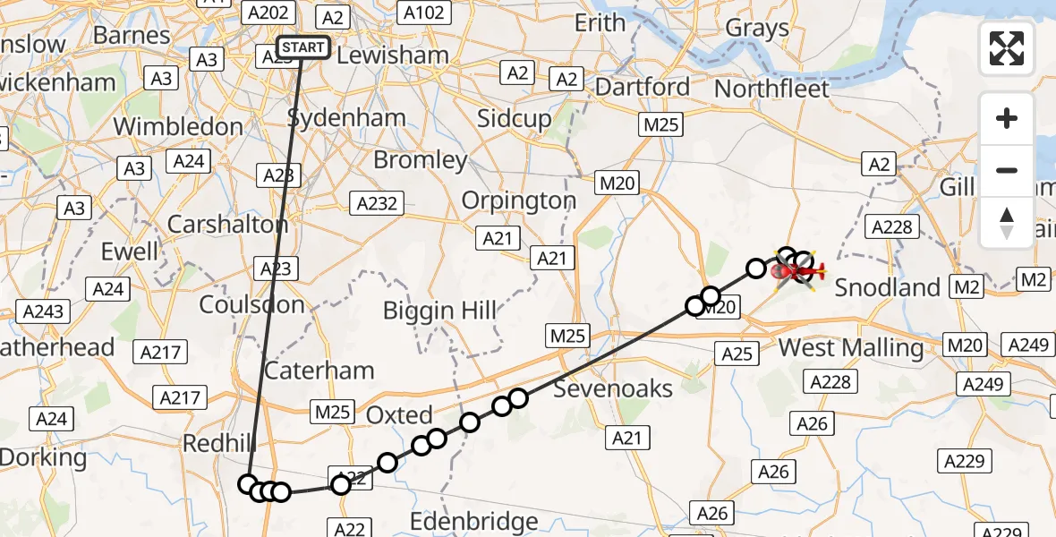 Flight route Air Ambulance Helicopter Kings College London Hospital - Meopham, 02 June 2026, 15:13