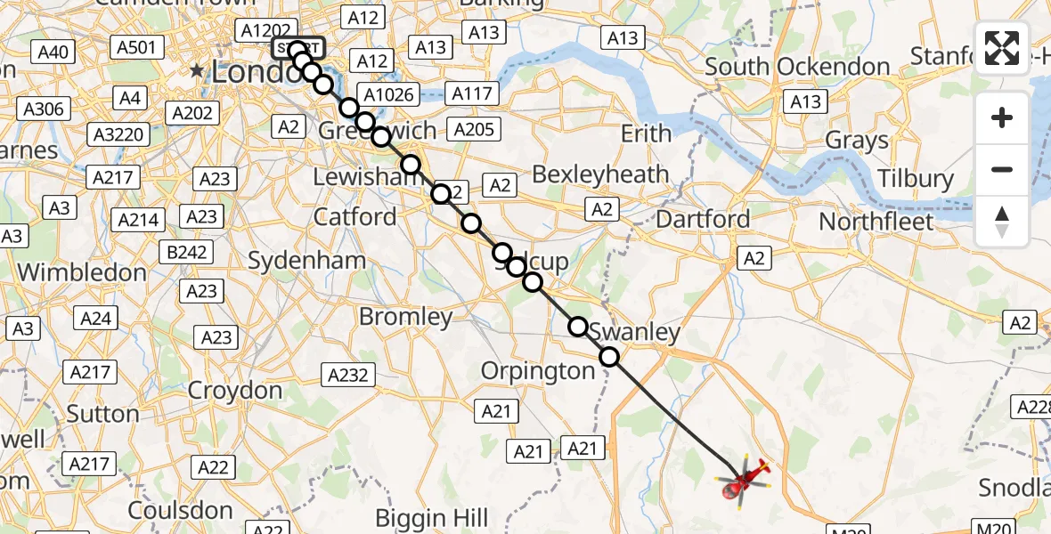 Flight route Air Ambulance Helicopter Royal London Hospital - Sevenoaks, 02 June 2026, 15:16