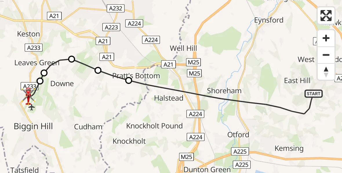 Flight route Air Ambulance Helicopter Sevenoaks - London Biggin Hill Airport, 02 June 2026, 15:39
