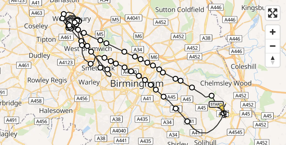 Flight route Police Helicopter Birmingham Airport - Birmingham Airport, 02 June 2026, 15:46
