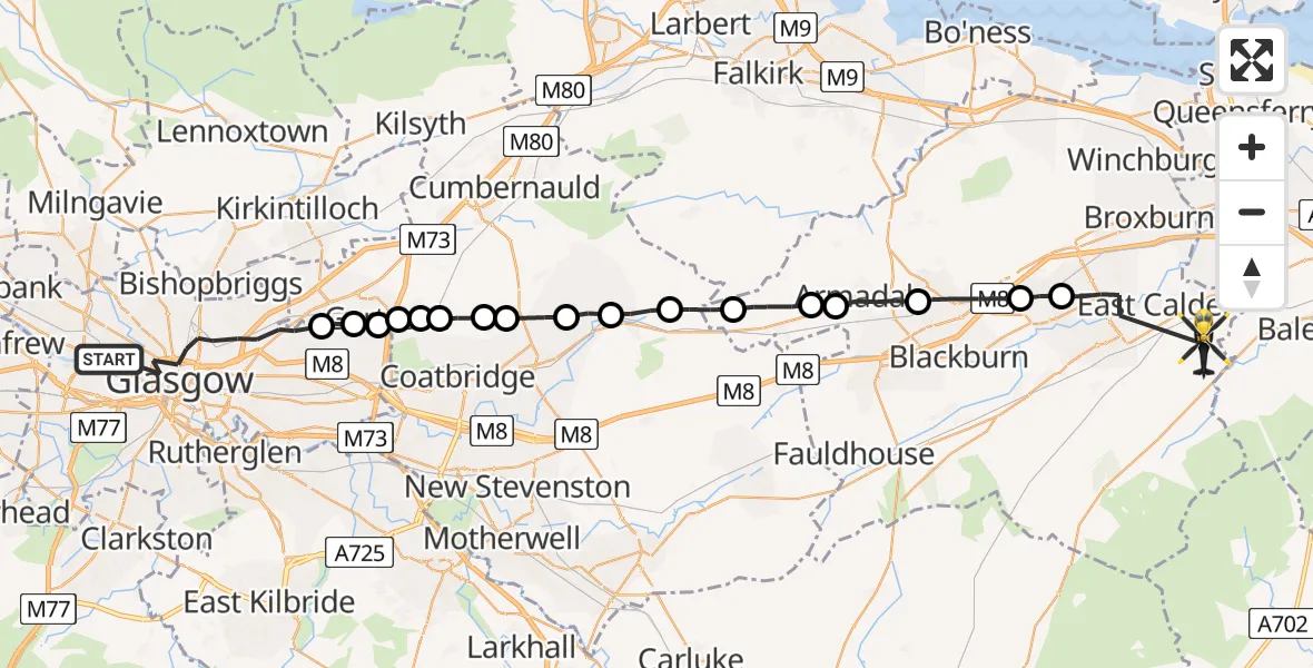 Flight route Police Helicopter Glasgow - Kirknewton, 02 June 2026, 15:48