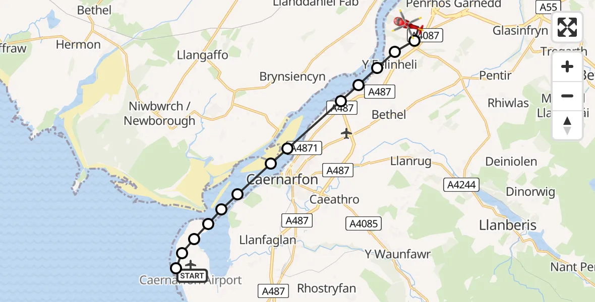 Flight route Air Ambulance Helicopter Caernarfon Airport - Aber Pwll, 02 June 2026, 15:49