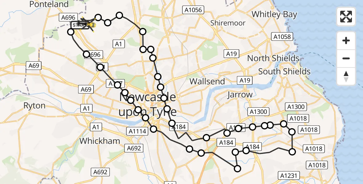 Flight route Police Helicopter Newcastle International Airport - Newcastle International Airport, 02 June 2026, 15:49