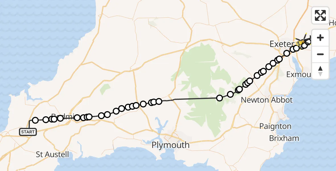 Flight route Police Helicopter St. Columb Major - Exeter International Airport, 02 June 2026, 15:50