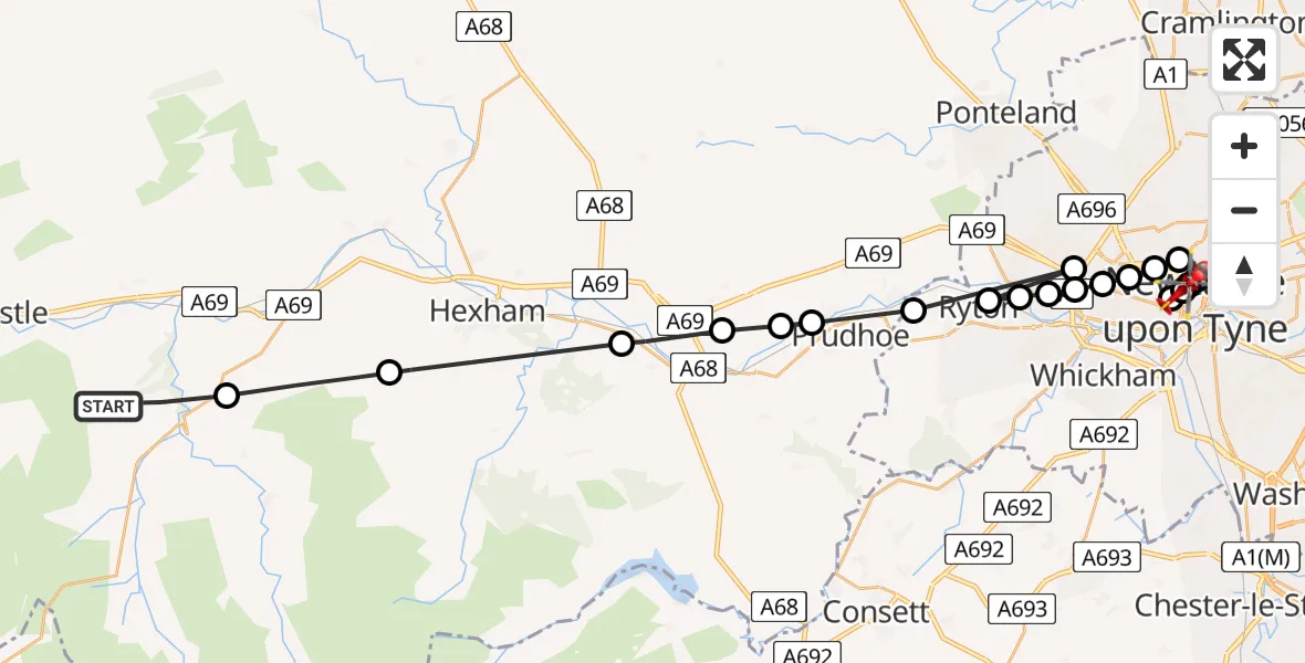 Flight route Air Ambulance Helicopter Plenmeller with Whitfield - Newcastle Royal Victoria Infirmary, 02 June 2026, 15:53