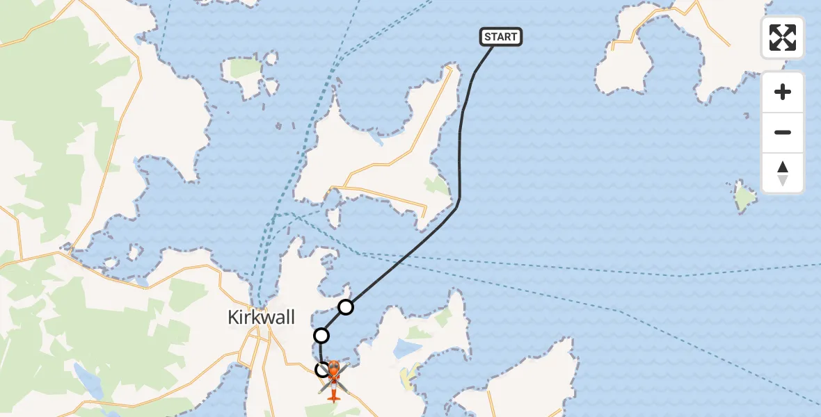 Flight route Coastguard Helicopter North Atlantic Ocean - Kirkwall Airport, 02 June 2026, 15:56