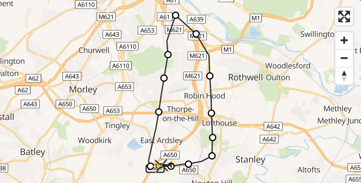 Flight route Police Helicopter East Ardsley - East Ardsley, 02 June 2026, 16:01