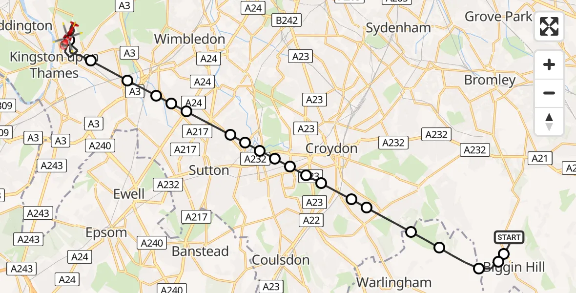 Flight route Air Ambulance Helicopter London Biggin Hill Airport - Kingston upon Thames, 02 June 2026, 16:09