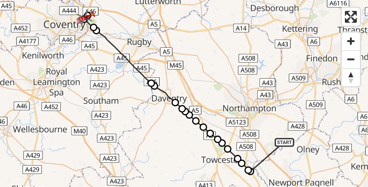 Flight route Air Ambulance Helicopter Hackleton - University Hospital Coventry, 02 June 2026, 16:27