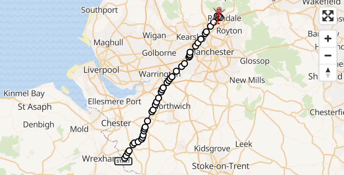Flight route Air Ambulance Helicopter Shocklach - Rochdale, 02 June 2026, 16:33