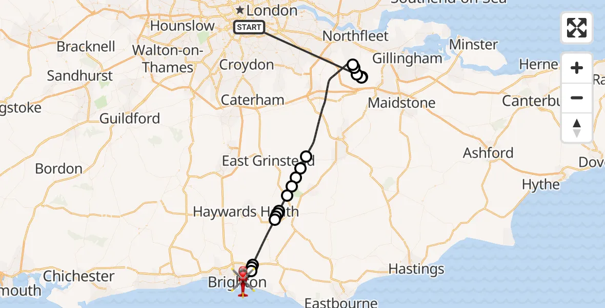 Flight route Air Ambulance Helicopter Kings College London Hospital - Brighton, 02 June 2026, 16:37