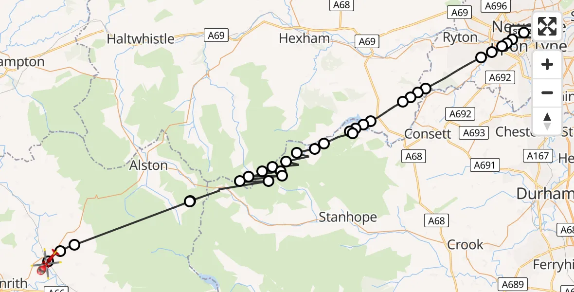 Flight route Air Ambulance Helicopter Newcastle Royal Victoria Infirmary - Langwathby, 02 June 2026, 16:44