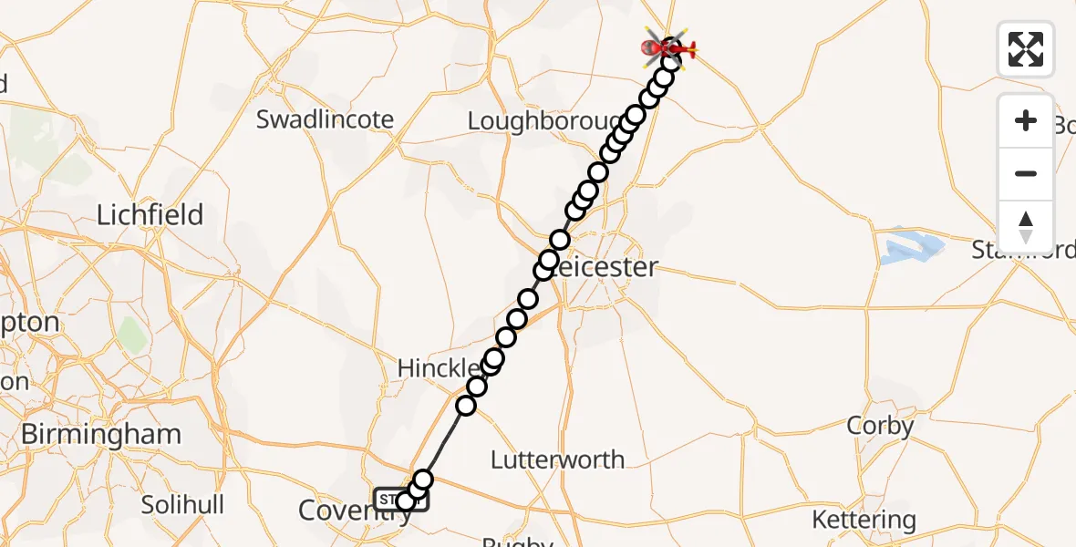 Flight route Air Ambulance Helicopter University Hospital Coventry - Nottingham Heliport, 02 June 2026, 17:07