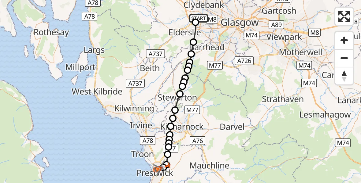 Flight route Coastguard Helicopter Glasgow Airport - Glasgow Prestwick Airport, 02 June 2026, 17:23