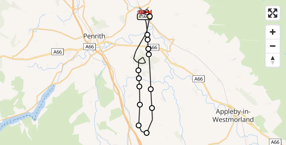 Flight route Air Ambulance Helicopter Langwathby - Skirwith, 02 June 2026, 17:55