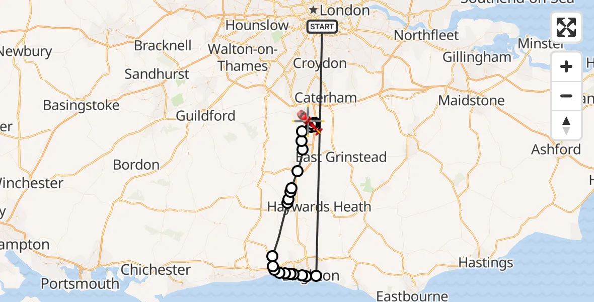 Flight route Air Ambulance Helicopter Kings College London Hospital - Redhill Aerodrome, 02 June 2026, 18:00