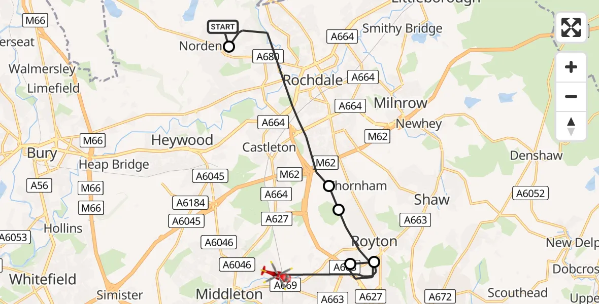 Flight route Air Ambulance Helicopter Rochdale - Chadderton, 02 June 2026, 18:15