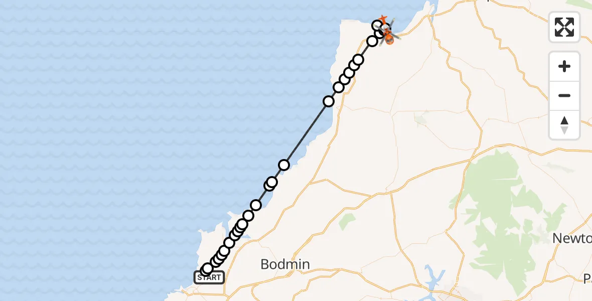 Flight route Coastguard Helicopter Cornwall Airport Newquay - Bucks Mills, 02 June 2026, 18:33
