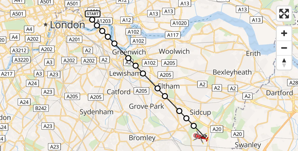 Flight route Air Ambulance Helicopter Royal London Hospital - St Paul's Cray, 02 June 2026, 18:52