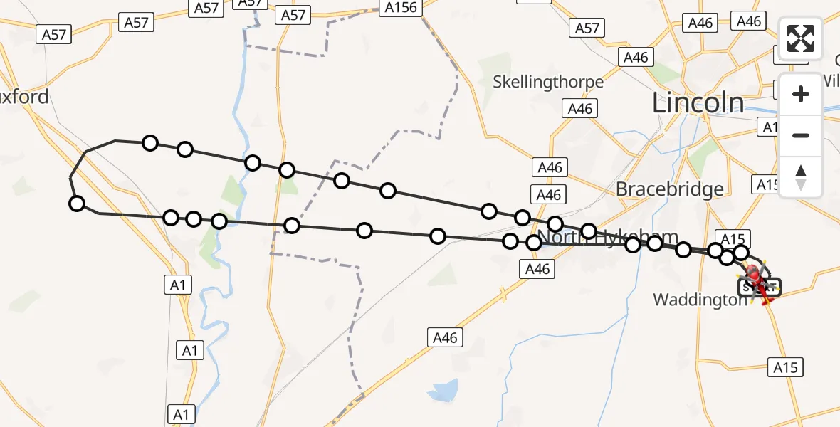 Flight route Air Ambulance Helicopter RAF Waddington - North Kesteven, 02 June 2026, 18:55