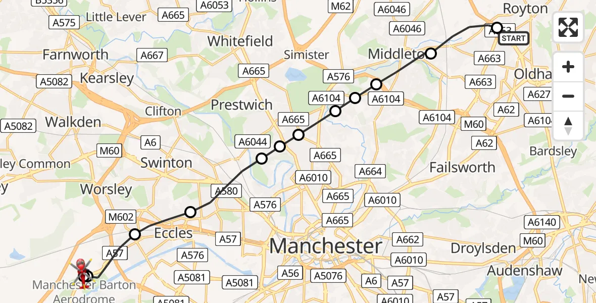 Flight route Air Ambulance Helicopter Royton - Manchester Barton Aerodrome, 02 June 2026, 19:03