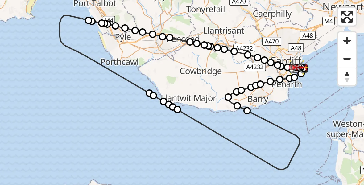 Flight route Air Ambulance Helicopter Cardiff Heliport - Cardiff Heliport, 02 June 2026, 19:03