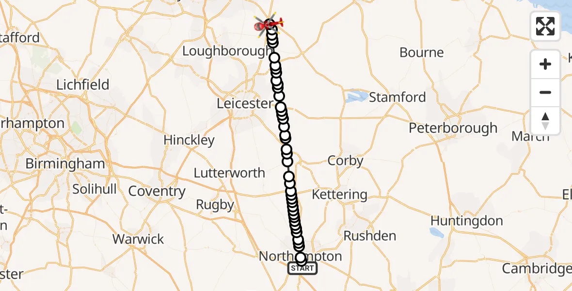 Flight route Air Ambulance Helicopter Northampton - Nottingham Heliport, 02 June 2026, 19:04