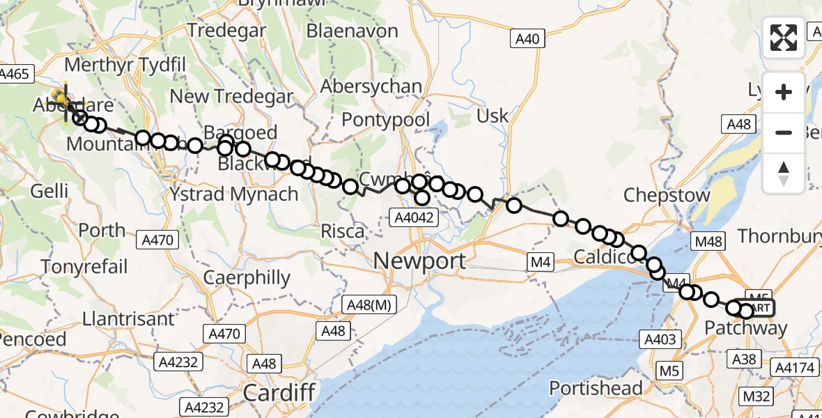 Flight route Police Helicopter Almondsbury Helicopter Base - Aberdare, 02 June 2026, 19:13